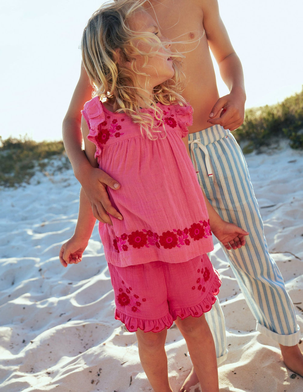Double Cloth Frill Hem Shorts - Sorbet Pink Embroidered