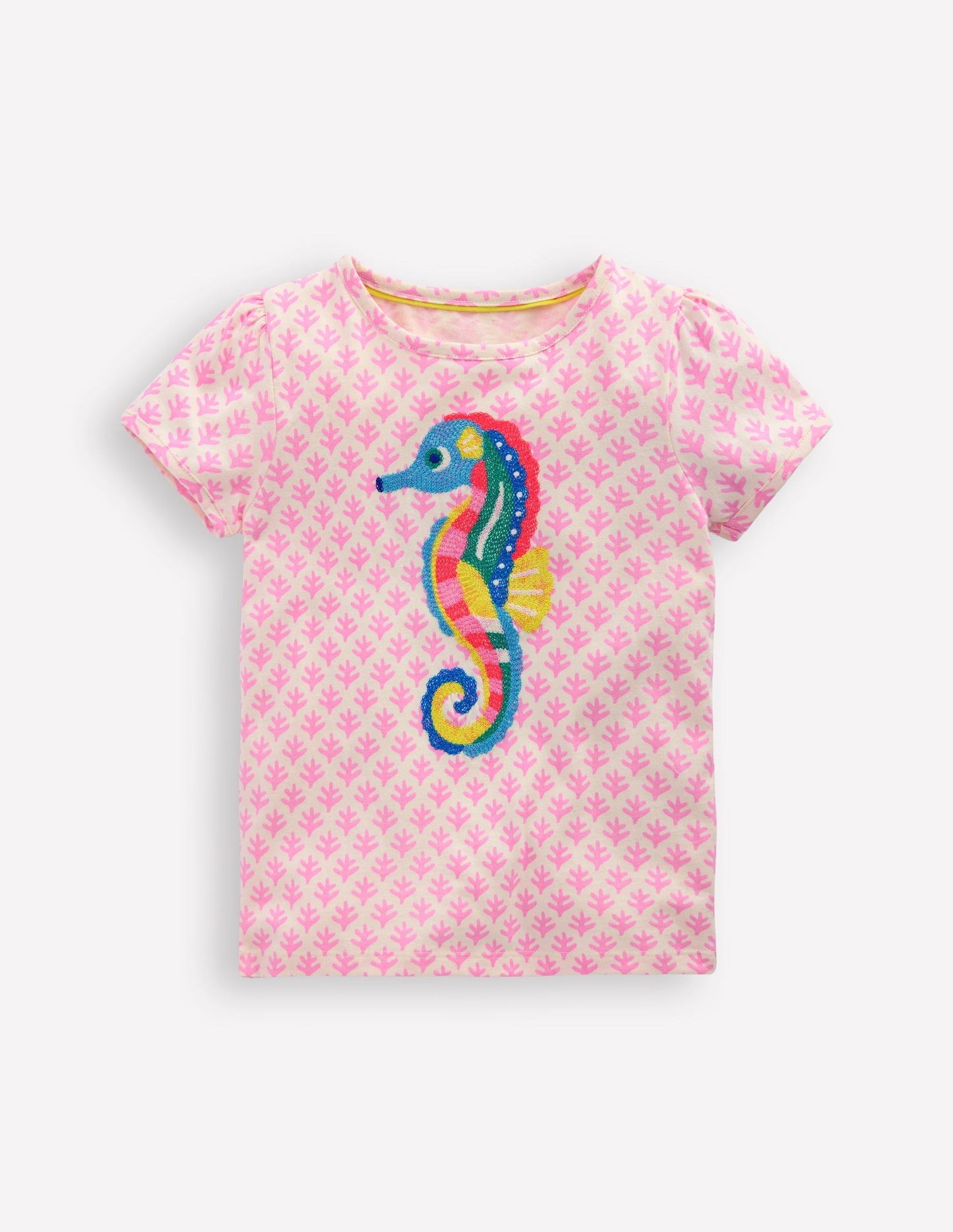 Puff Sleeve Superstitch Top - Pink Woodblock Seahorse