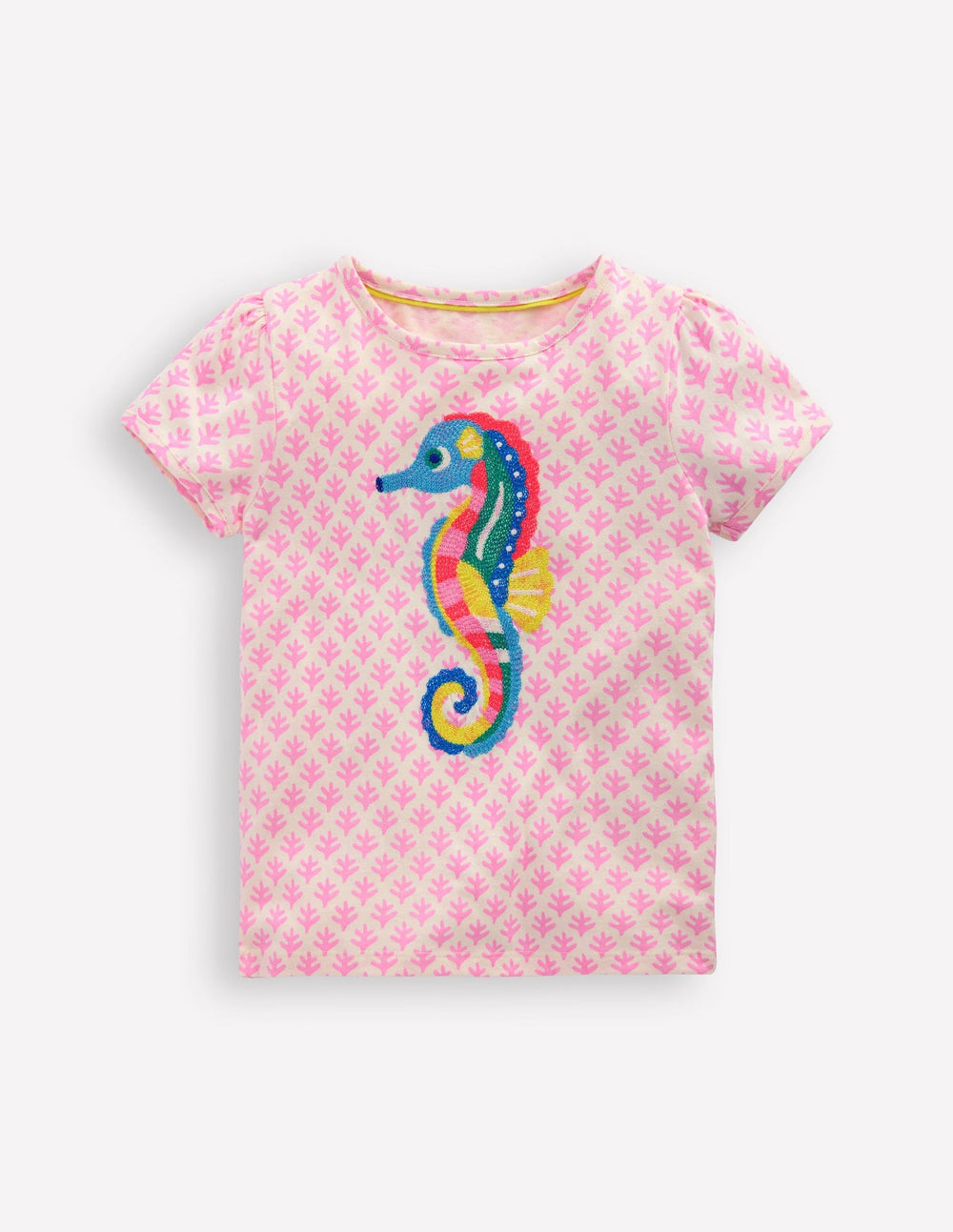 Puff Sleeve Superstitch Top - Pink Woodblock Seahorse