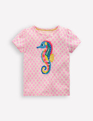 Puff Sleeve Superstitch Top - Pink Woodblock Seahorse