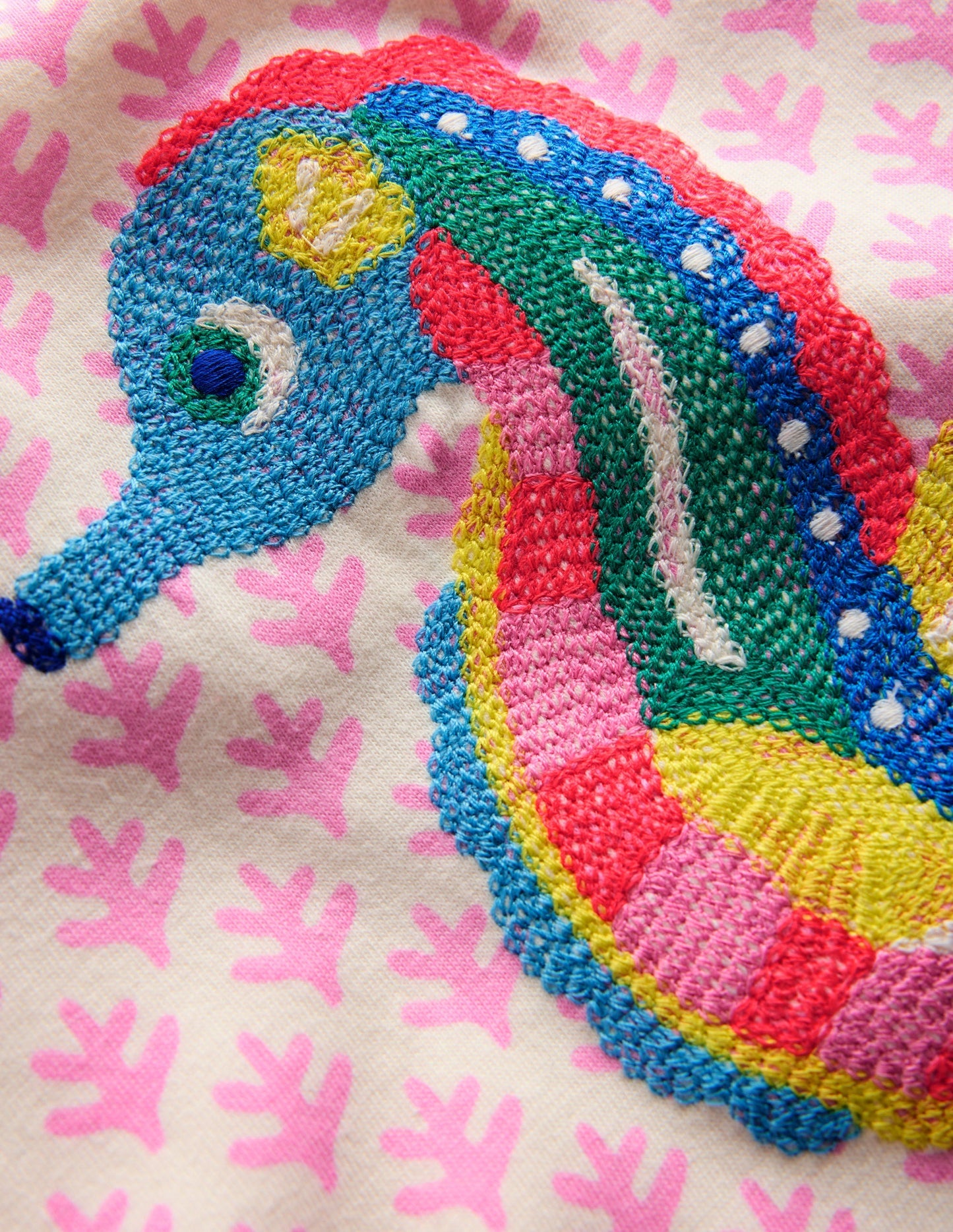 Puff Sleeve Superstitch Top - Pink Woodblock Seahorse