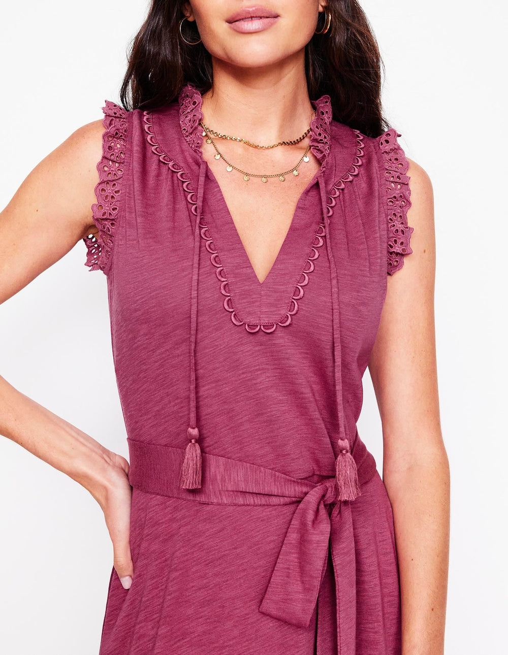 Aria Broderie Trim Midi Dress - Plum Purple
