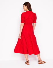 Anna Linen Tiered Midi Dress - Poppy Red