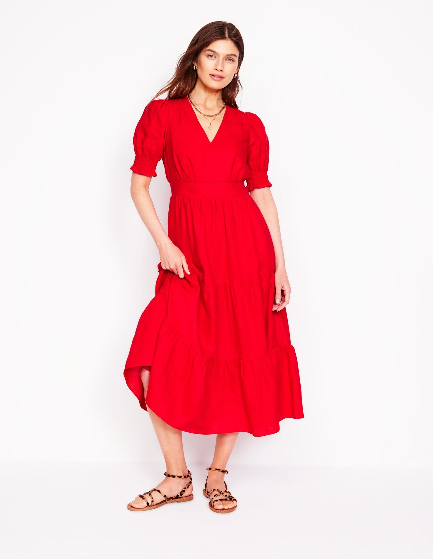 Anna Linen Tiered Midi Dress - Poppy Red