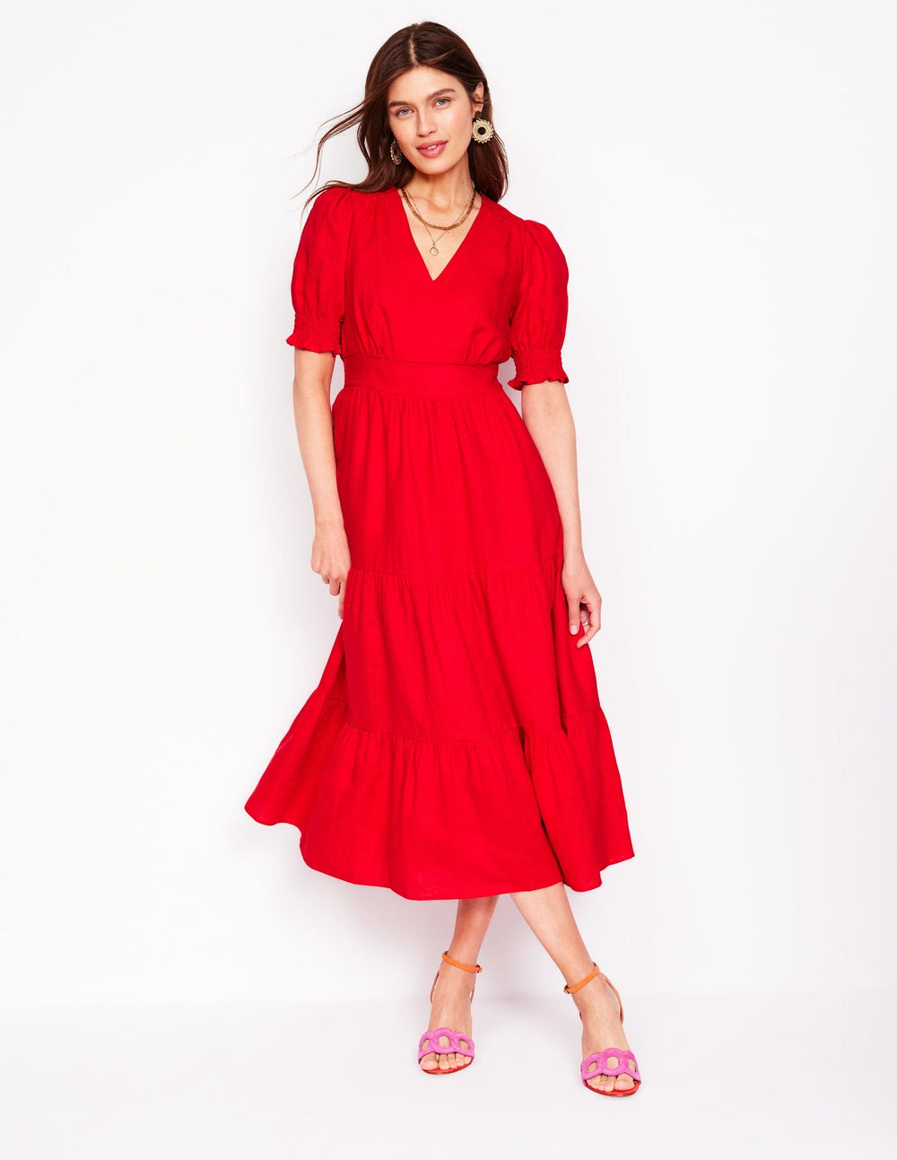 Anna Linen Tiered Midi Dress - Poppy Red