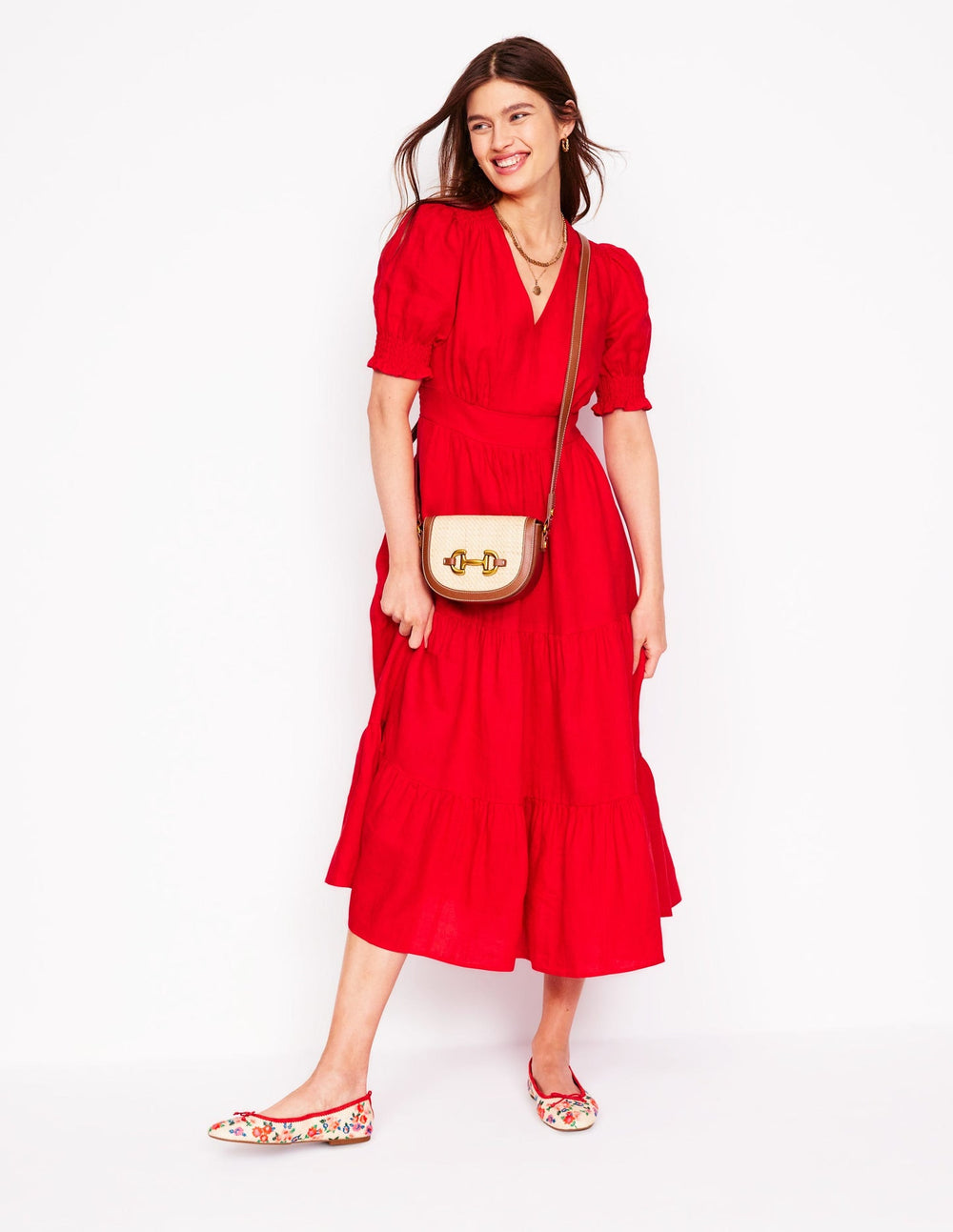 Anna Linen Tiered Midi Dress - Poppy Red
