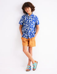 Cotton Linen Shirt - Blue Parrot Palm