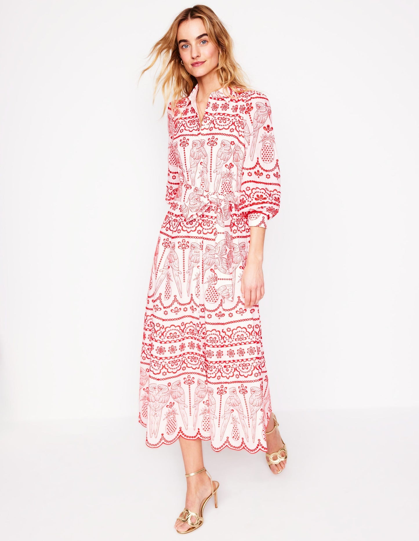 Clara Broderie Shirt Dress - Poppy Red, Parrot Broderie