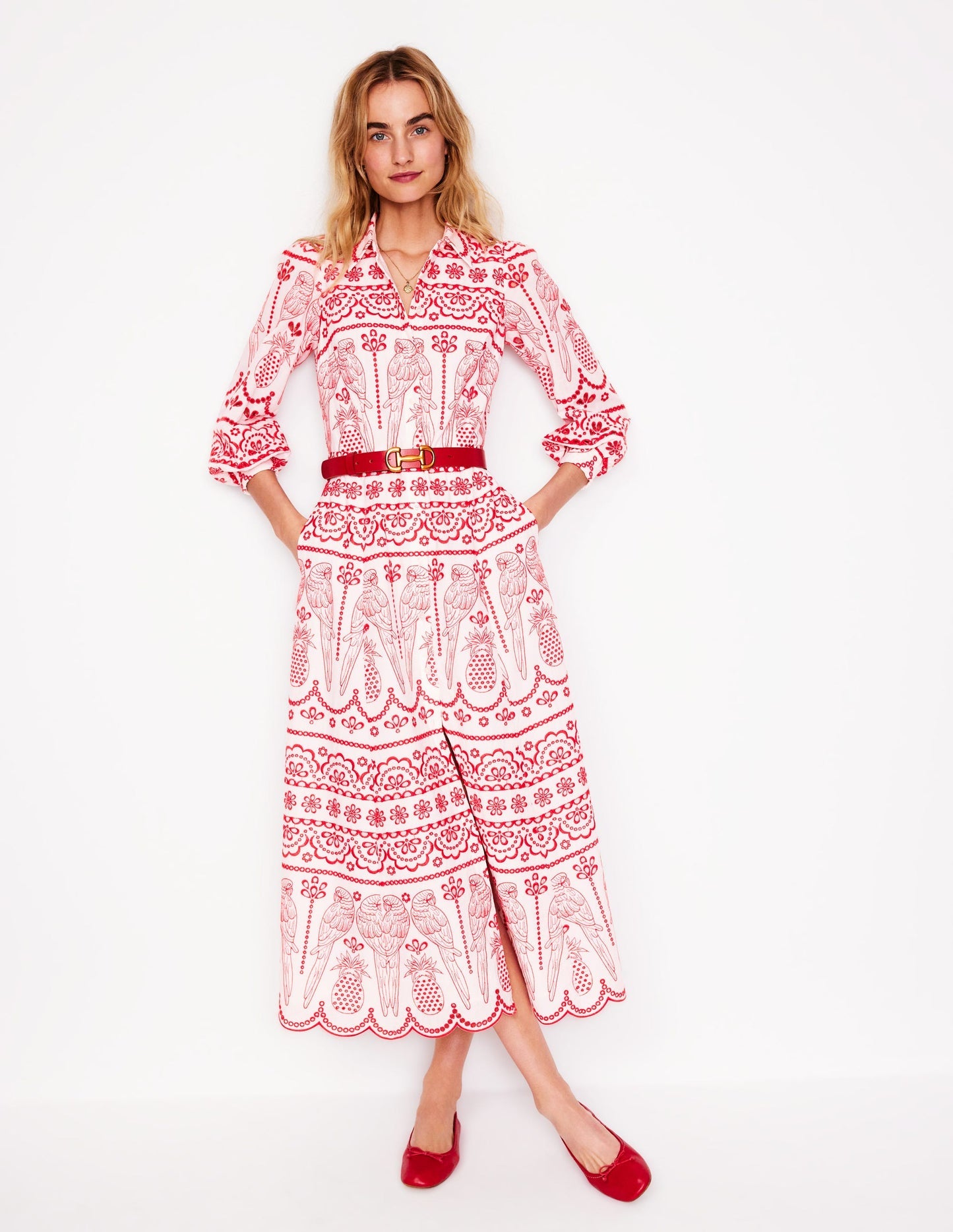 Clara Broderie Shirt Dress - Poppy Red, Parrot Broderie