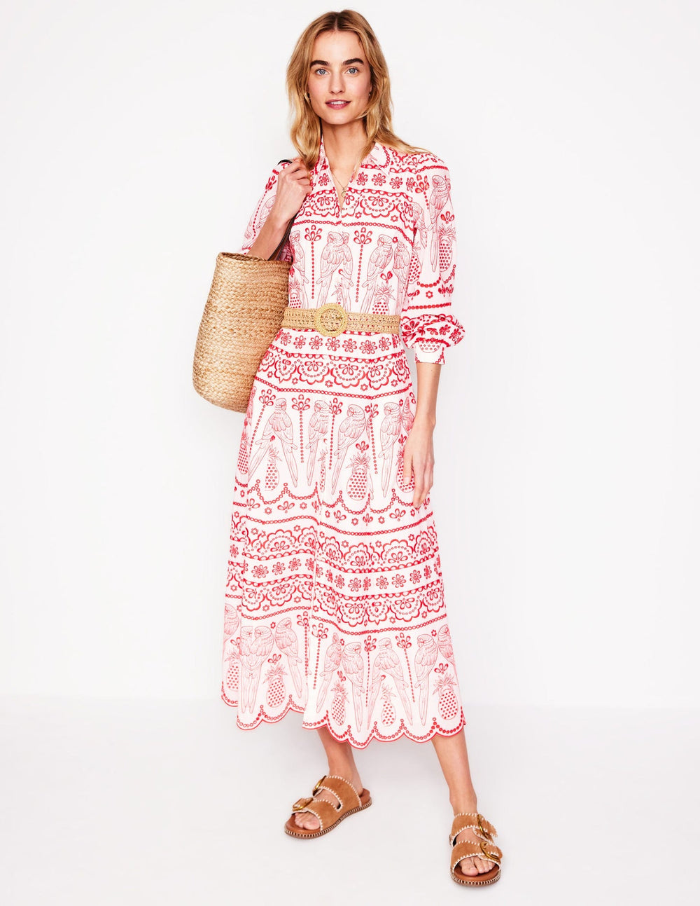 Clara Broderie Shirt Dress - Poppy Red, Parrot Broderie