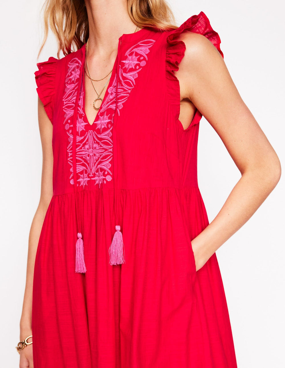 Tie Neck Tier Dress - Poppy Red