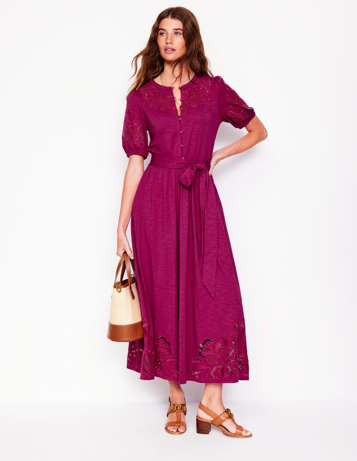 Cutwork Detail Midi Dress - Rich Magenta