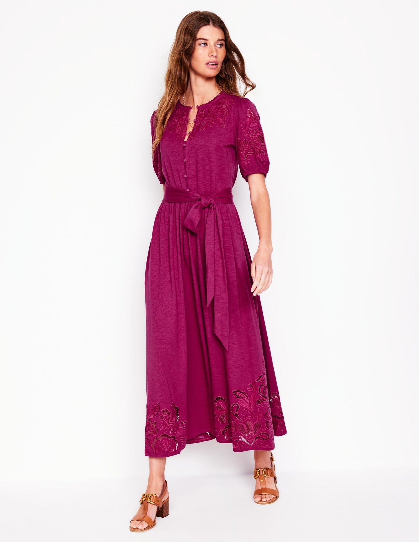 Cutwork Detail Midi Dress - Rich Magenta