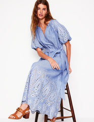 Puff Sleeve Embroidered Dress - Grey Blue Chambray