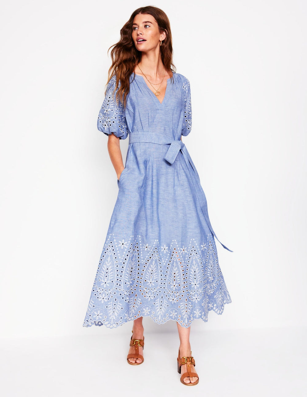 Puff Sleeve Embroidered Dress - Grey Blue Chambray