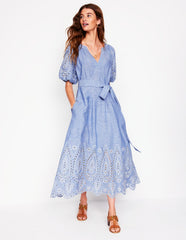 Puff Sleeve Embroidered Dress - Grey Blue Chambray