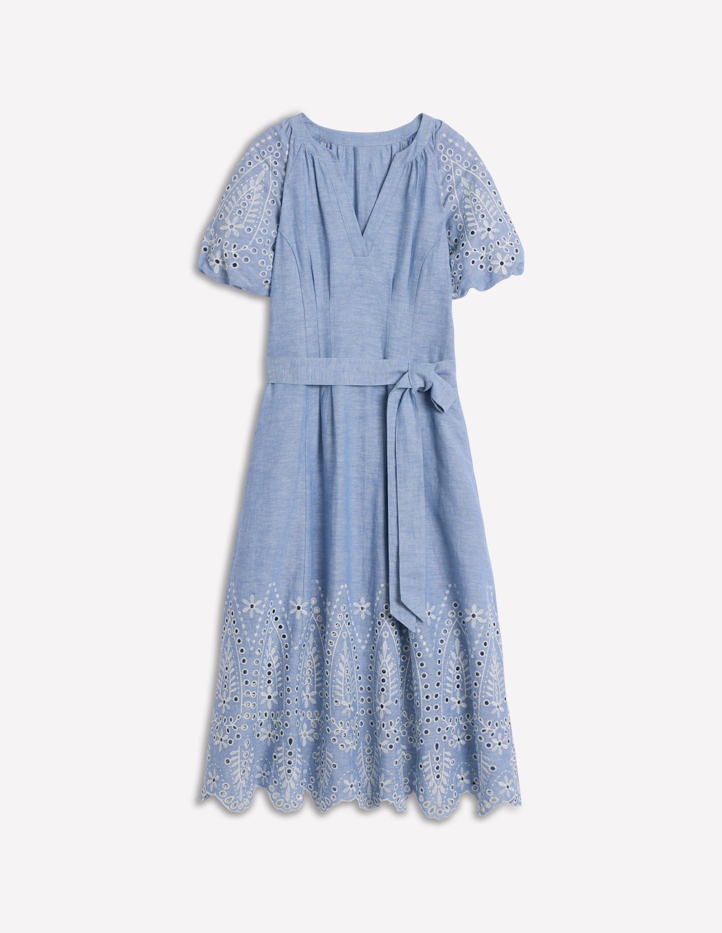 Puff Sleeve Embroidered Dress - Grey Blue Chambray