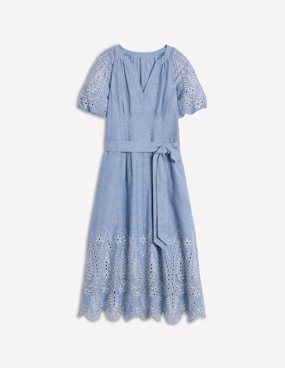 Puff Sleeve Embroidered Dress - Grey Blue Chambray