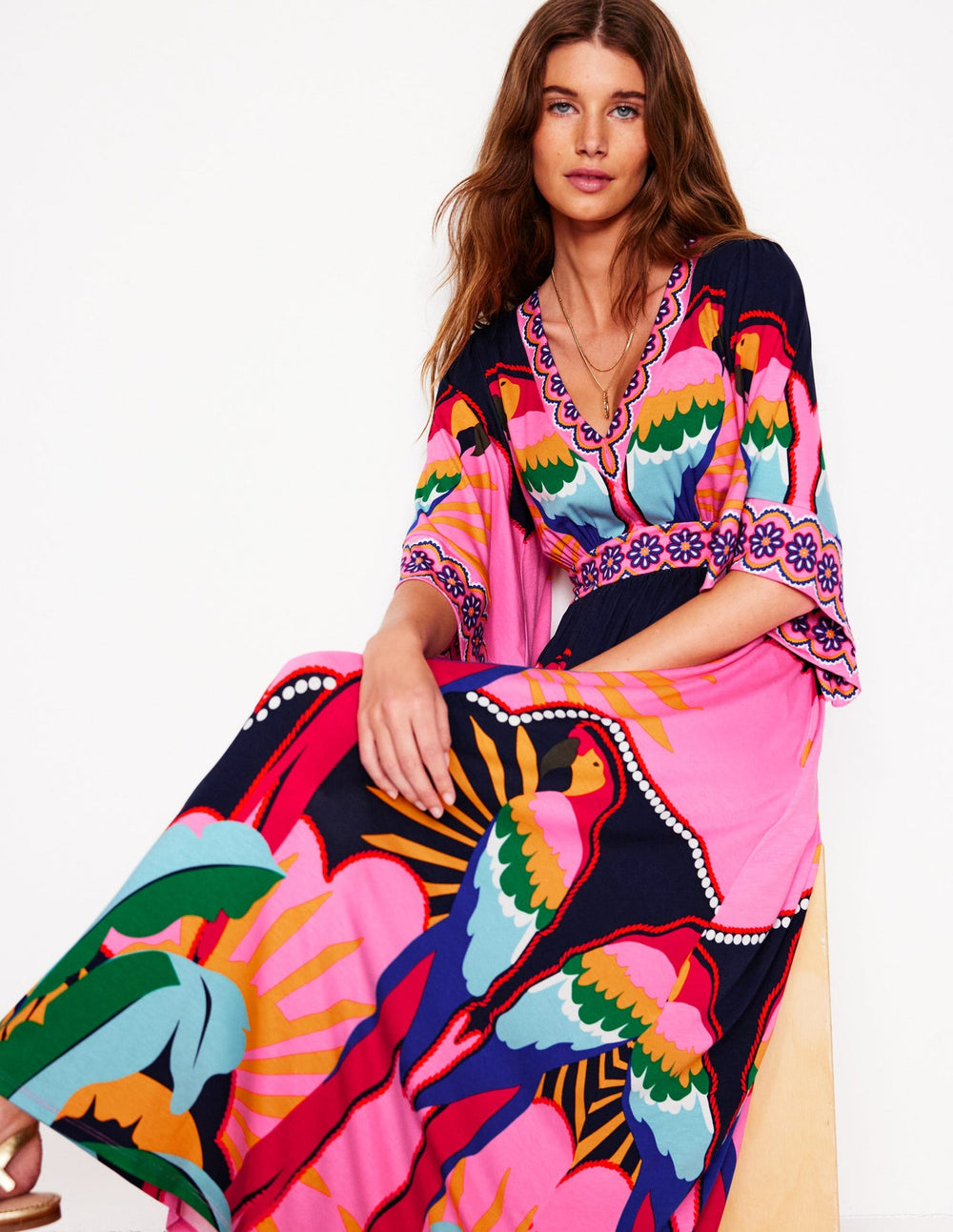 Maya Kimono Jersey Maxi Dress - Multi, Paradise Parrot