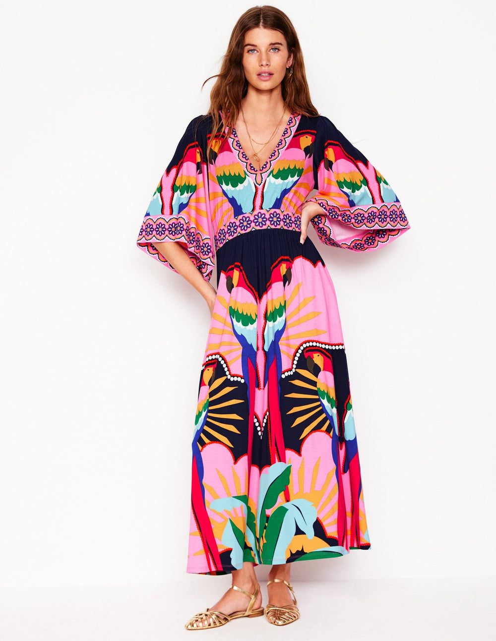 Maya Kimono Jersey Maxi Dress - Multi, Paradise Parrot