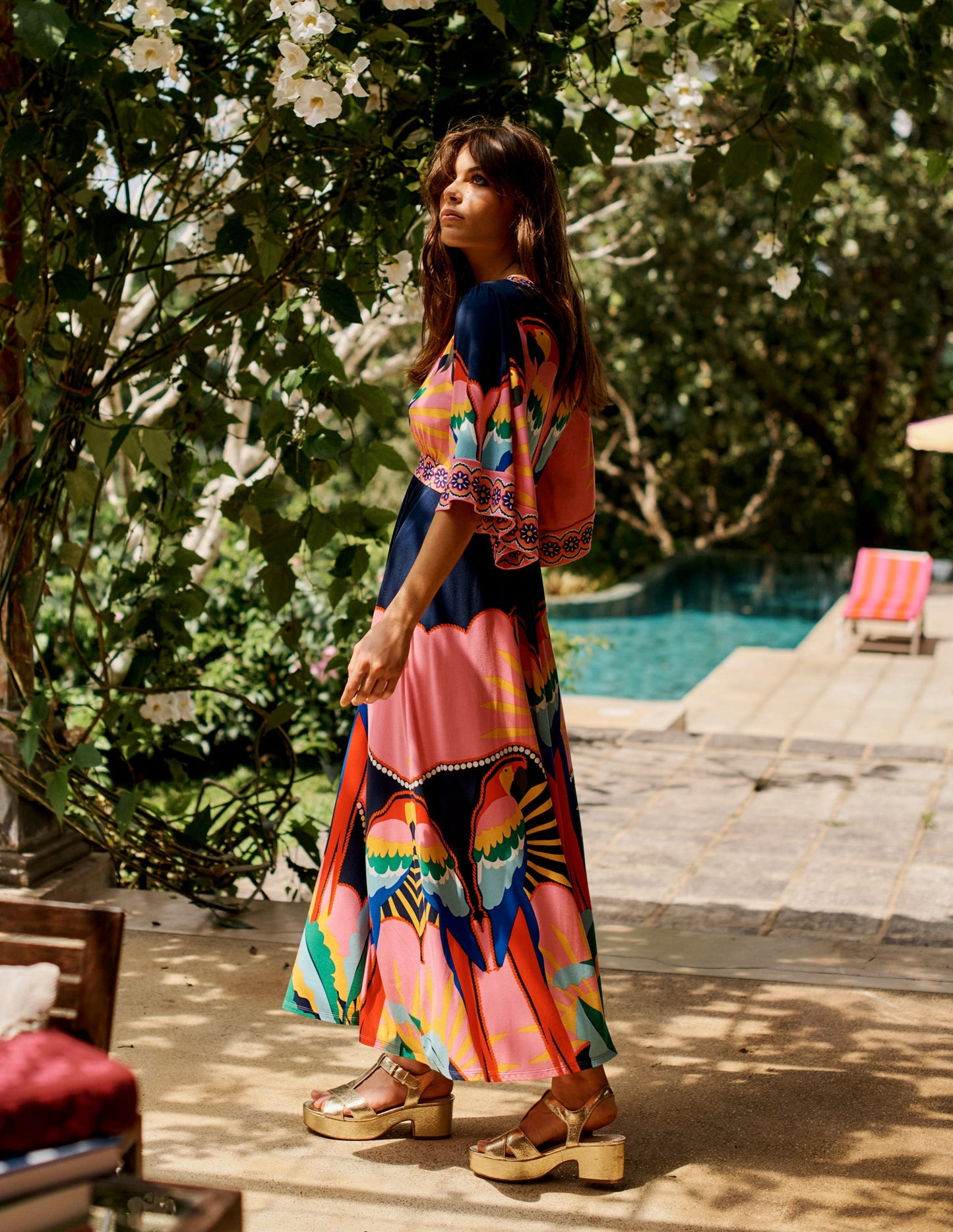 Maya Kimono Jersey Maxi Dress - Multi, Paradise Parrot