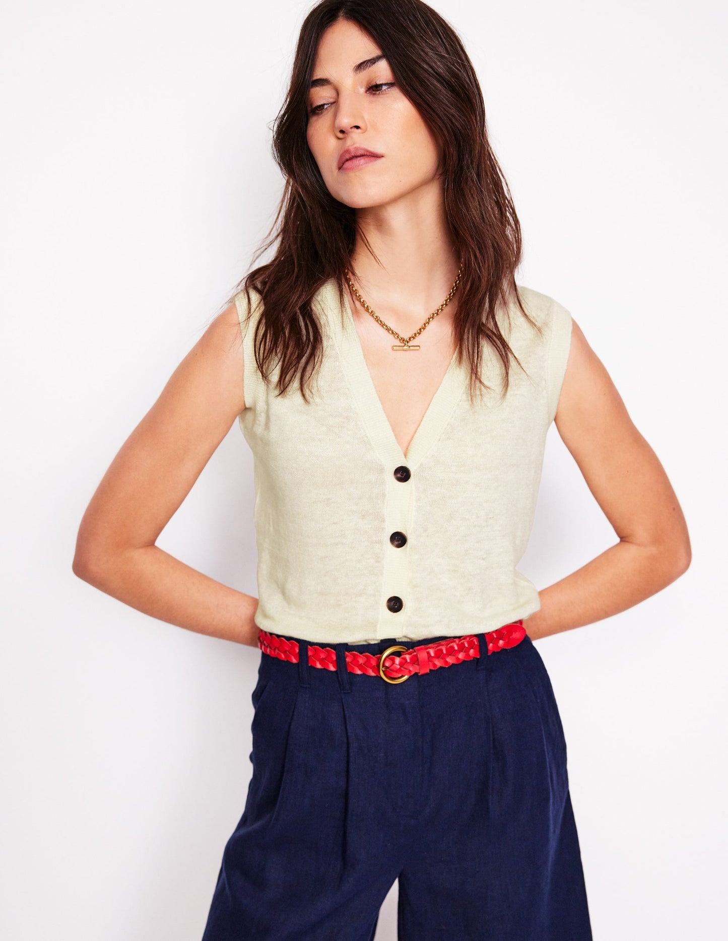 V - Neck Linen Waistcoat - Warm Ivory