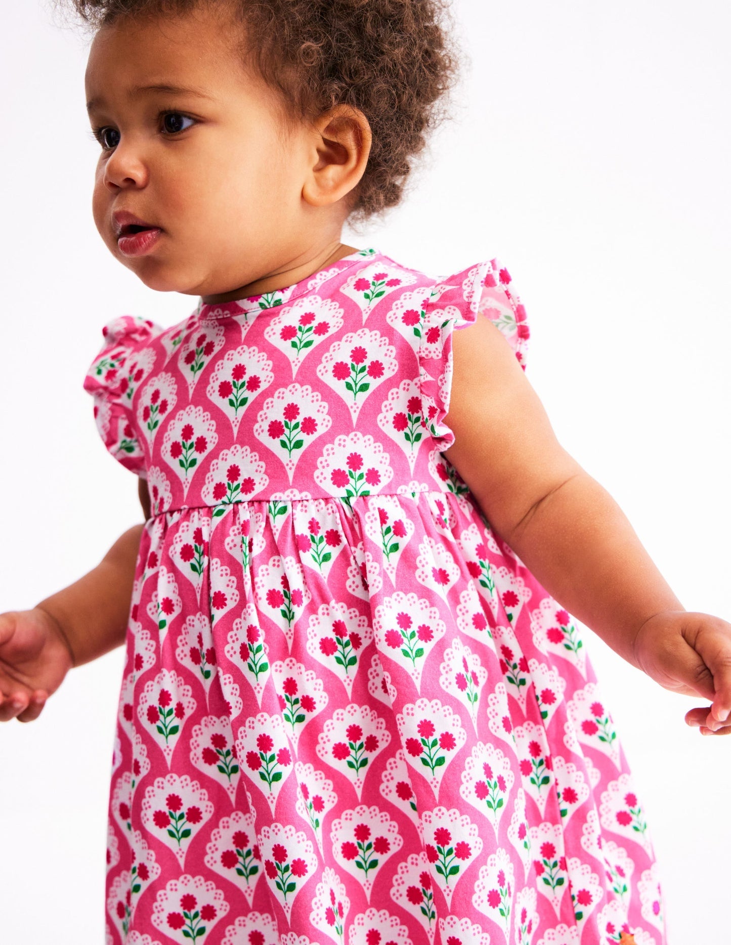 Jersey Frill Sleeve Dress - Pink Rose Woodblock Floral