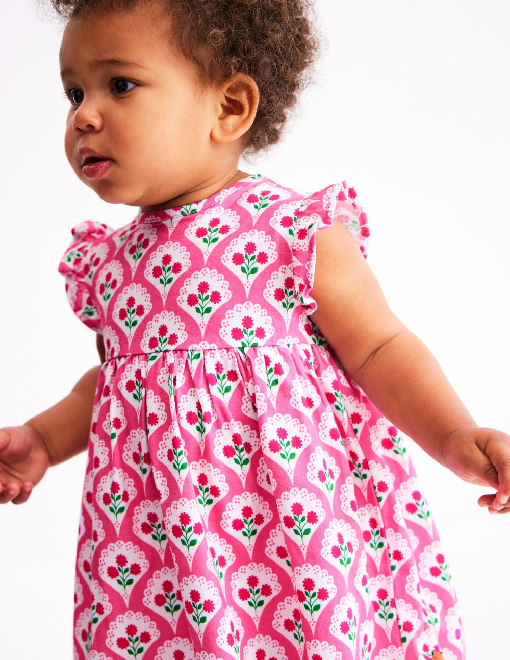 Jersey Frill Sleeve Dress - Pink Rose Woodblock Floral