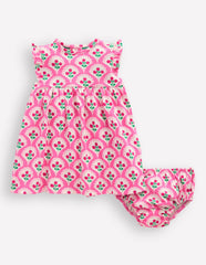 Jersey Frill Sleeve Dress - Pink Rose Woodblock Floral