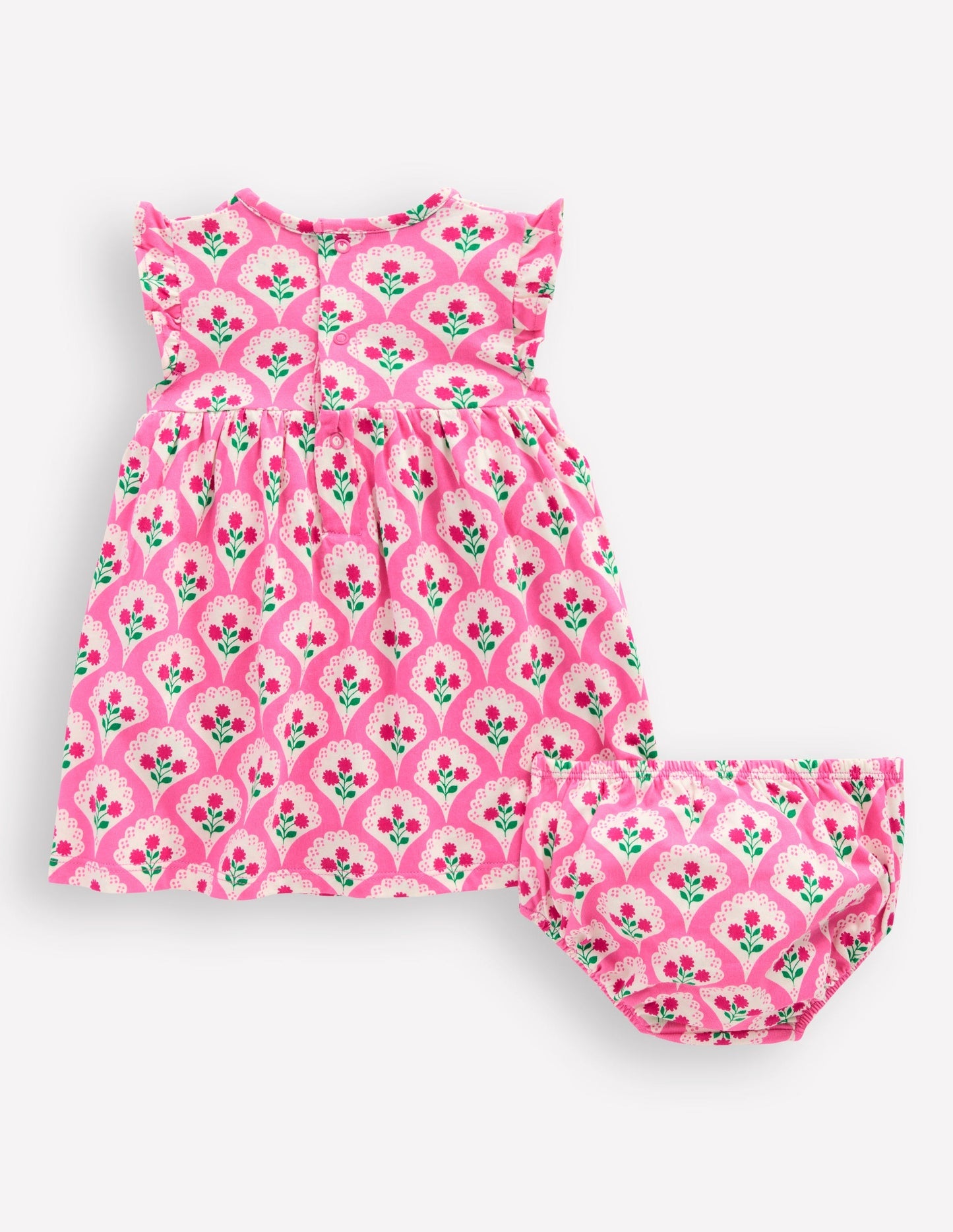 Jersey Frill Sleeve Dress - Pink Rose Woodblock Floral