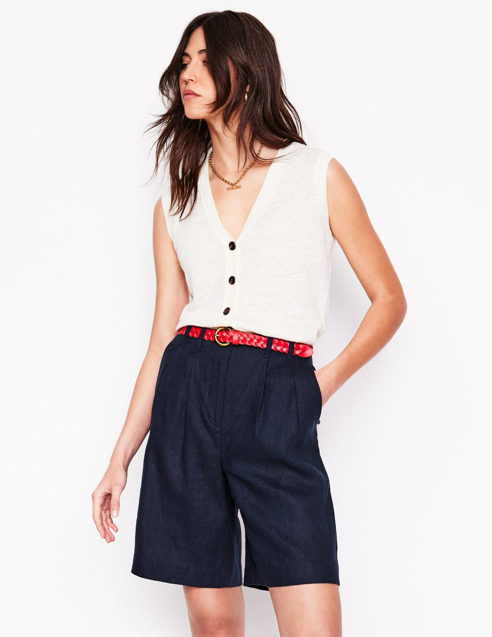 Pleat Linen Wide Leg Shorts - Navy