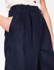 Pleat Linen Wide Leg Shorts - Navy