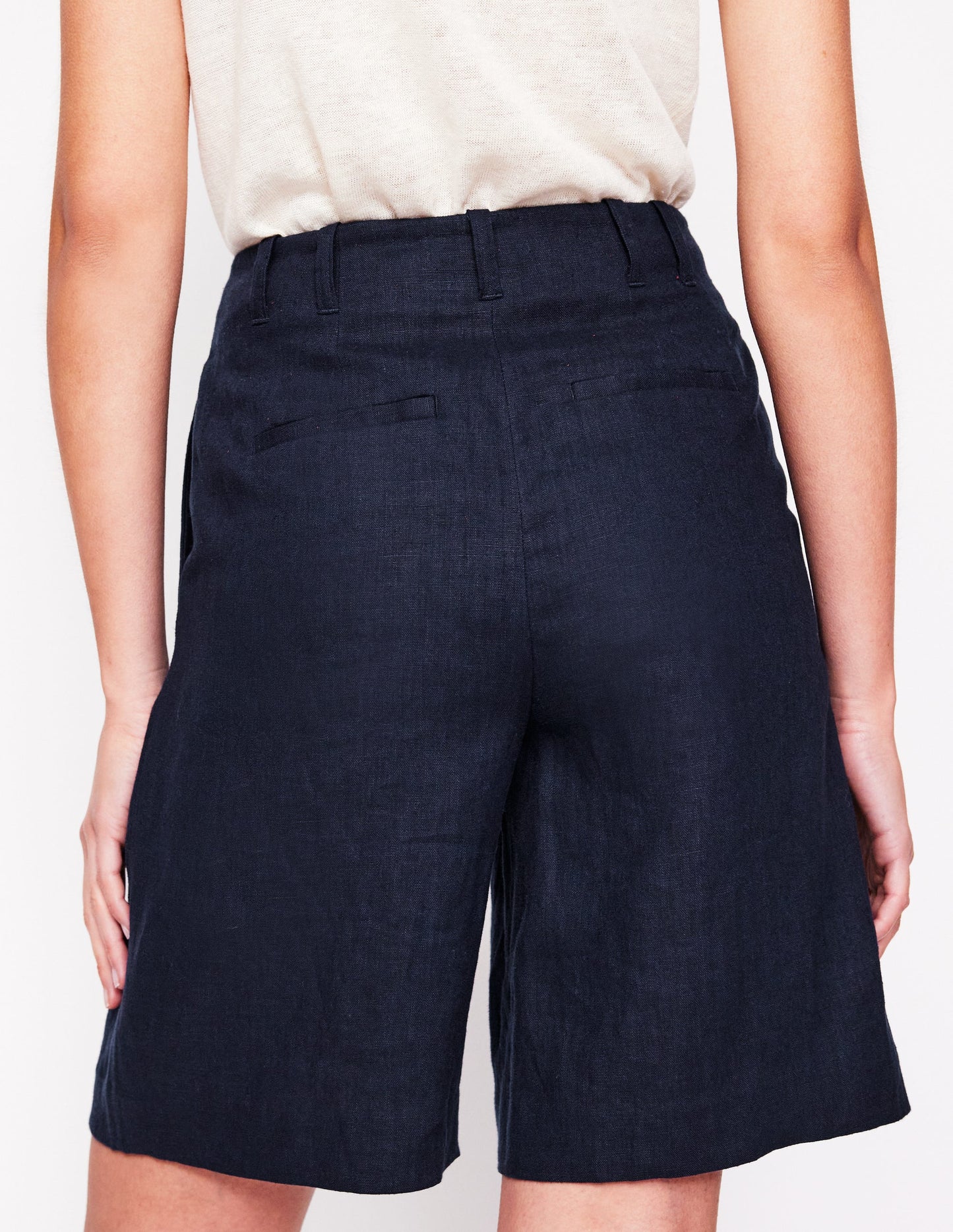 Pleat Linen Wide Leg Shorts - Navy