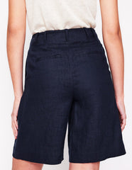 Pleat Linen Wide Leg Shorts - Navy
