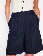 Pleat Linen Wide Leg Shorts - Navy