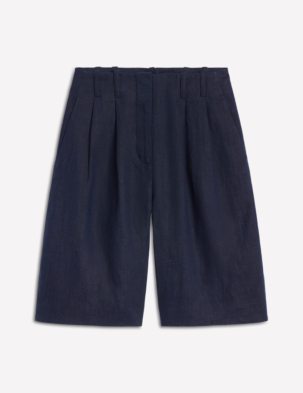 Pleat Linen Wide Leg Shorts - Navy