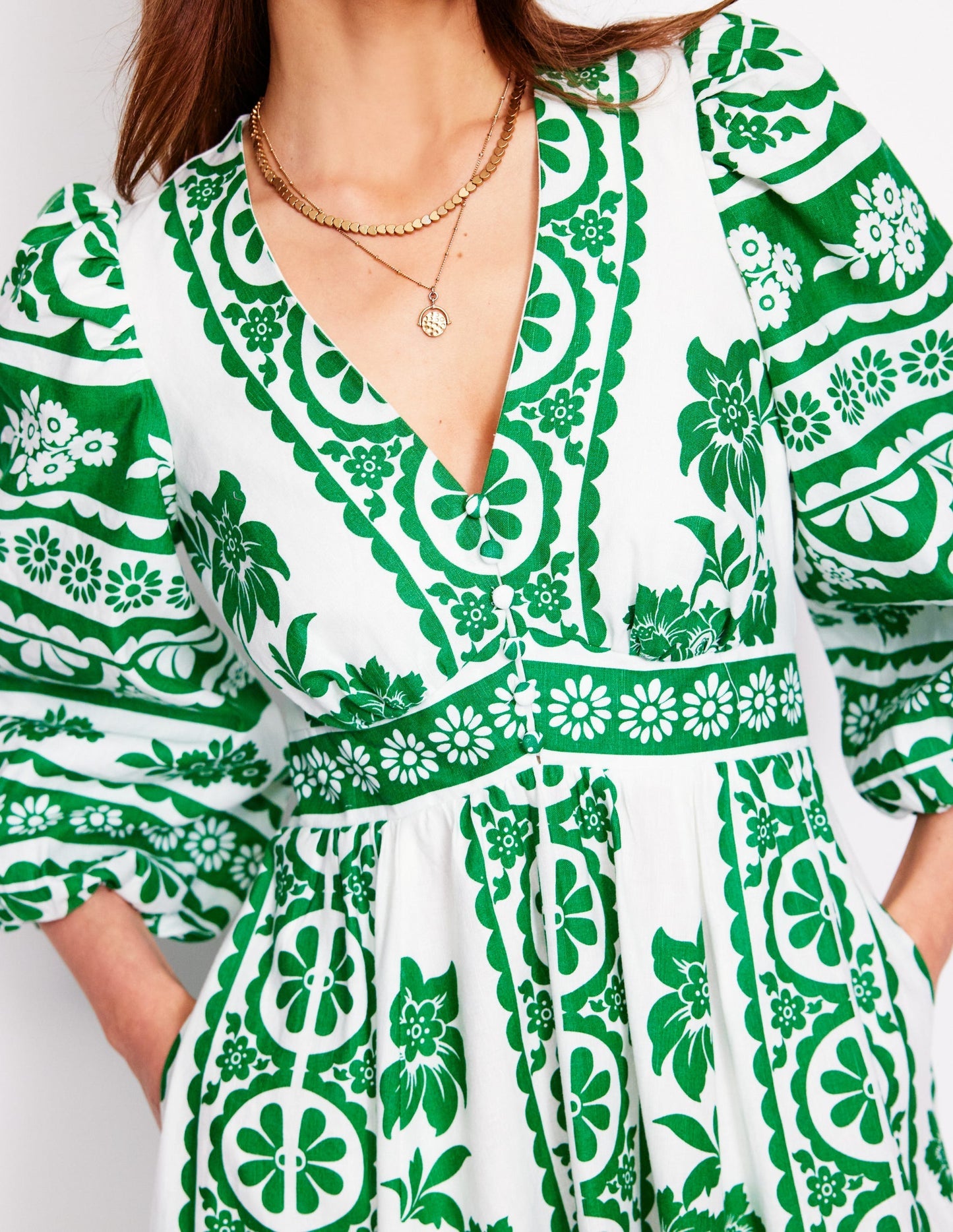 Lola Blouson Maxi Dress - Rich Emerald, Ornate Tropics