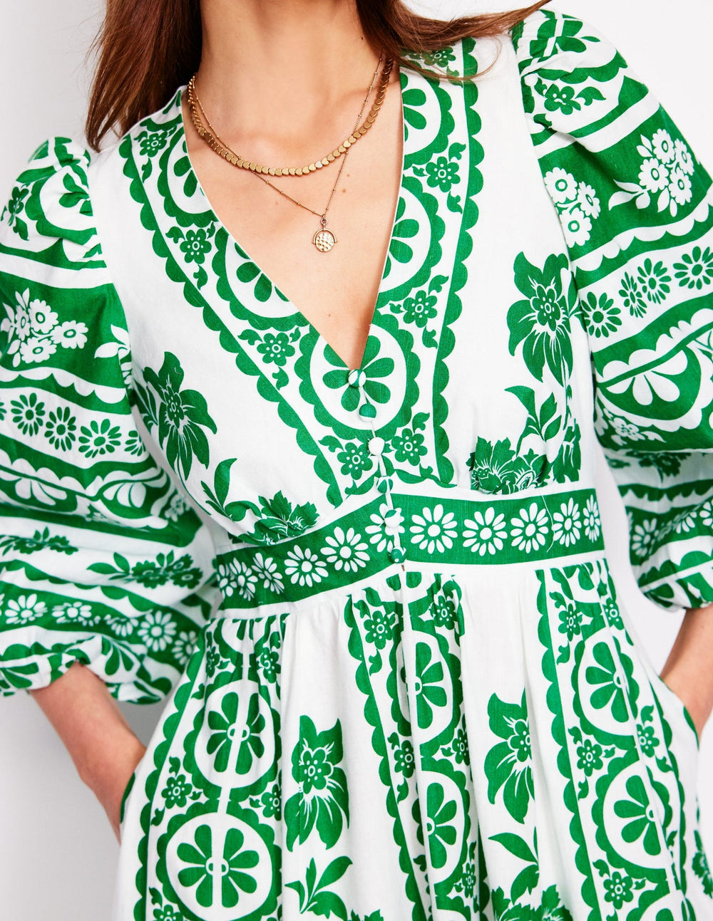 Lola Blouson Maxi Dress - Rich Emerald, Ornate Tropics