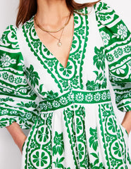 Lola Blouson Maxi Dress - Rich Emerald, Ornate Tropics