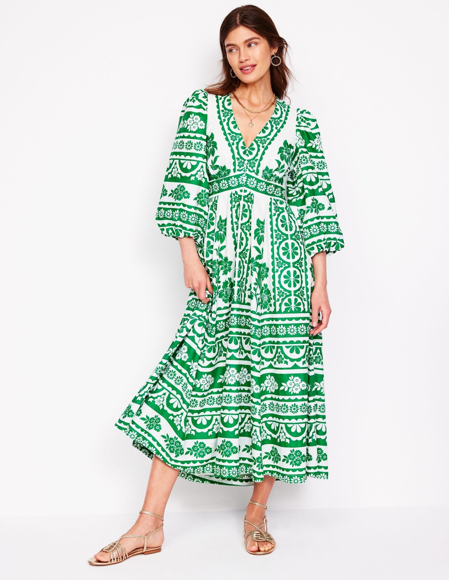 Lola Blouson Maxi Dress - Rich Emerald, Ornate Tropics