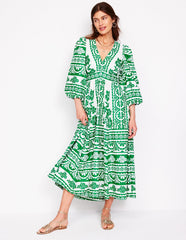 Lola Blouson Maxi Dress - Rich Emerald, Ornate Tropics