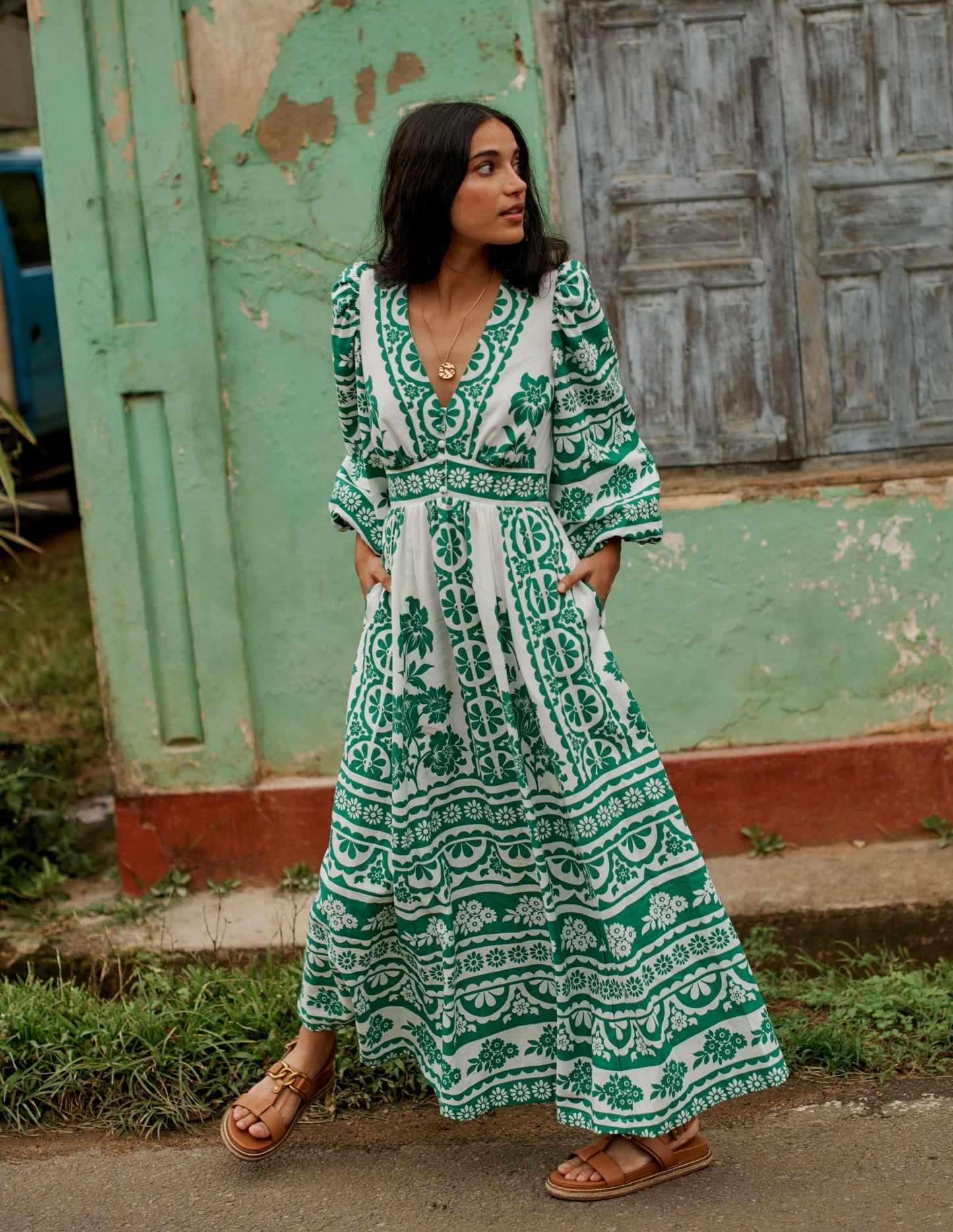 Lola Blouson Maxi Dress - Rich Emerald, Ornate Tropics