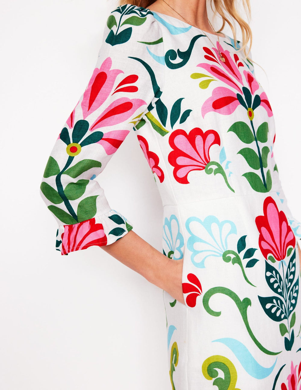 Linen Flute Sleeve Dress - Ivory, Decorative Stems