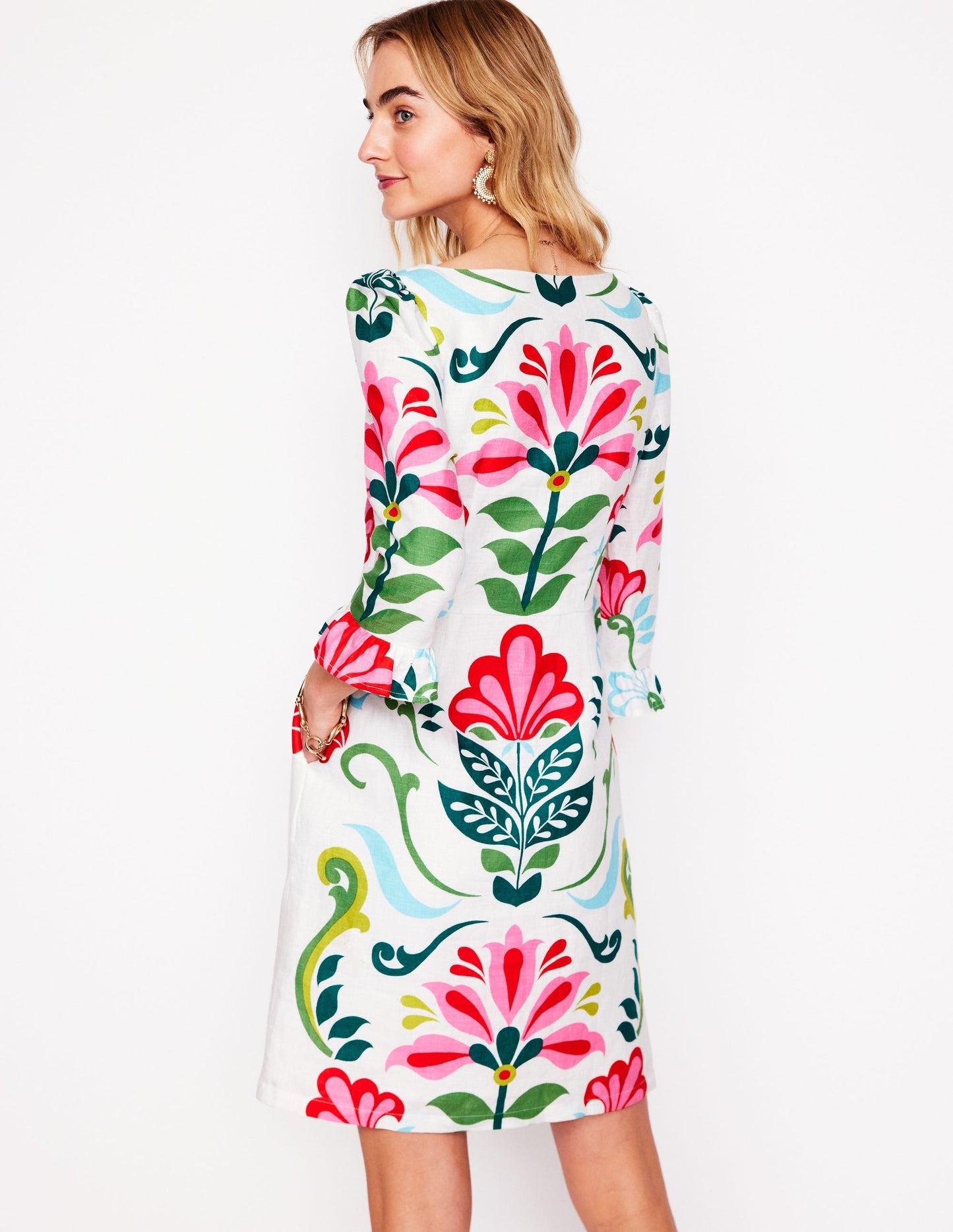 Linen Flute Sleeve Dress - Ivory, Decorative Stems