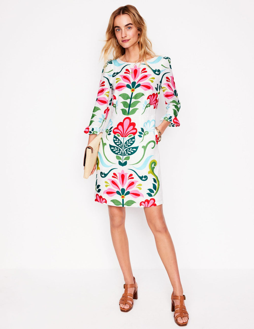 Linen Flute Sleeve Dress - Ivory, Decorative Stems
