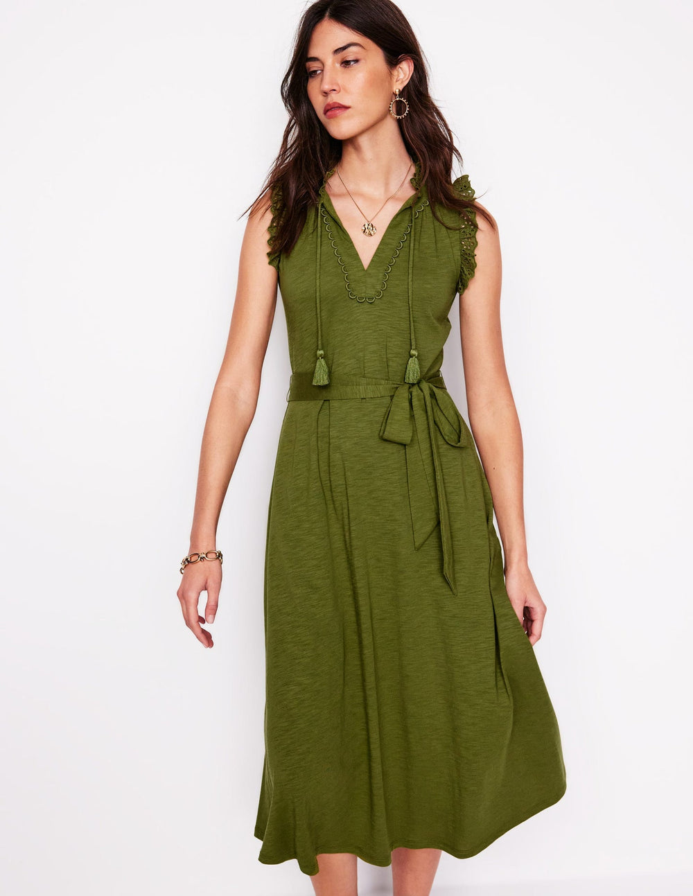 Aria Broderie Trim Midi Dress - Deep Olive