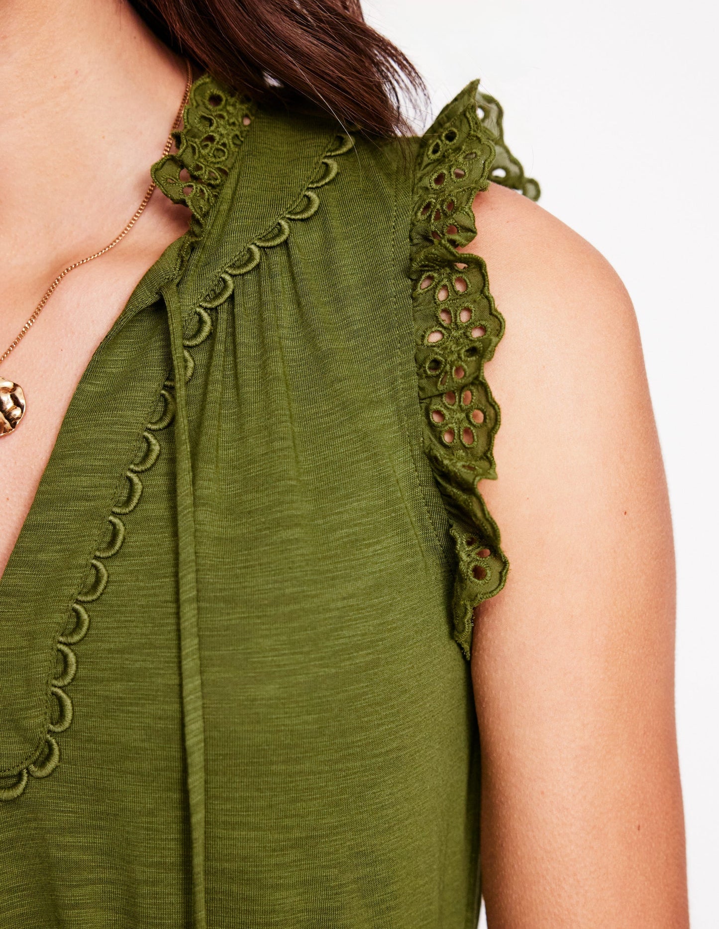 Aria Broderie Trim Midi Dress - Deep Olive