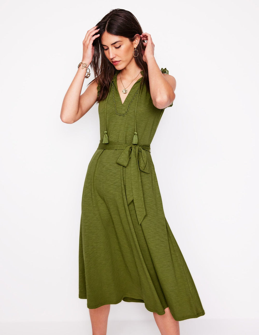 Aria Broderie Trim Midi Dress - Deep Olive