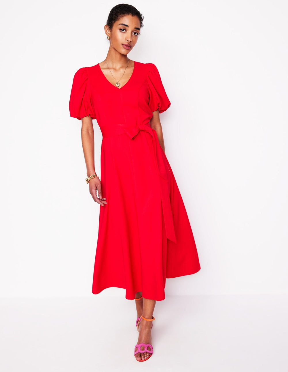 Volume Sleeve Midi Dress - Poppy Red