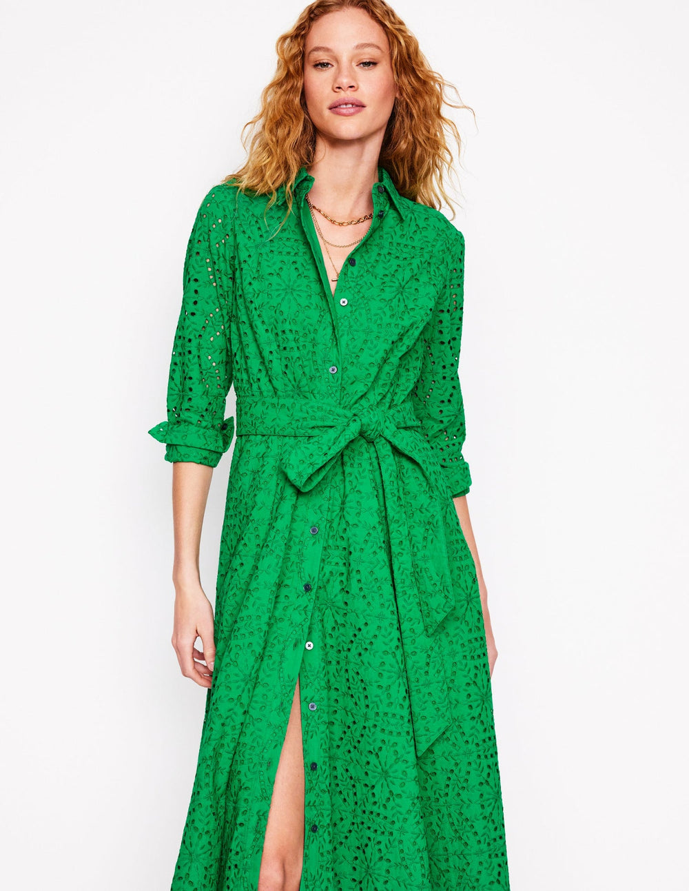 Amy Broderie Midi Shirt Dress - Rich Emerald